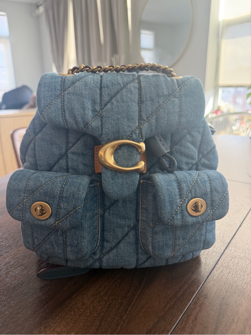 Coach Quilted Denim Mini Backpack with Gold 'C' Accent